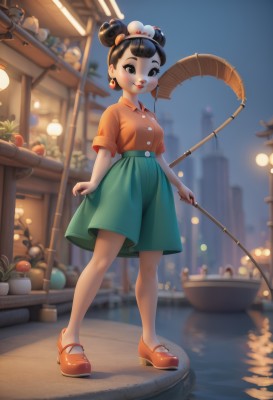 1girl,solo,breasts,looking at viewer,blush,smile,short hair,bangs,skirt,shirt,black hair,hair ornament,holding,brown eyes,jewelry,standing,full body,short sleeves,earrings,outdoors,parted lips,food,sky,shoes,collared shirt,water,hair bun,blurry,black eyes,lips,double bun,night,buttons,fruit,depth of field,blurry background,plant,green skirt,building,red footwear,child,mary janes,city,female child,potted plant,watercraft,orange shirt,orange (fruit),boat,fishing rod,aqua skirt,makeup,single hair bun,tiara,lipstick,red shirt,red lips,shirt tucked in