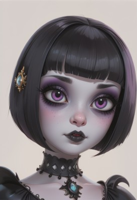 1girl,solo,looking at viewer,short hair,bangs,simple background,black hair,hair ornament,white background,jewelry,closed mouth,purple eyes,collarbone,parted lips,choker,shiny,artist name,blunt bangs,grey background,shiny hair,lips,eyelashes,makeup,colored skin,black choker,bob cut,thick eyebrows,lipstick,brooch,gem,pale skin,portrait,pendant,eyeshadow,freckles,nose,red lips,eyeliner,grey skin,straight-on,mascara,black lips,teeth,gothic