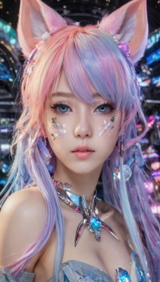 1girl,solo,long hair,breasts,looking at viewer,bangs,blue eyes,hair ornament,animal ears,cleavage,bare shoulders,jewelry,medium breasts,blue hair,collarbone,upper body,pink hair,multicolored hair,earrings,parted lips,choker,necklace,blurry,two-tone hair,lips,animal ear fluff,fox ears,eyelashes,makeup,facial mark,lipstick,gem,eyeshadow,crystal,realistic,nose,k/da (league of legends),large breasts,detached sleeves