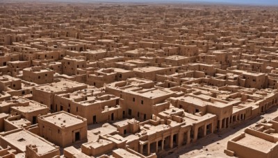 monochrome,outdoors,no humans,building,scenery,city,cityscape,ruins,sepia,brown theme,sky,day,cloud,sand,horizon,skyscraper,landscape