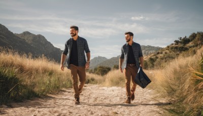 short hair,brown hair,shirt,black hair,holding,jewelry,jacket,male focus,outdoors,multiple boys,open clothes,sky,day,belt,pants,cloud,2boys,bag,looking at another,plaid,black shirt,open shirt,facial hair,grass,blue shirt,scenery,beard,sleeves rolled up,walking,watch,mountain,realistic,mustache,wristwatch,field,brown pants,plaid shirt,suitcase,arm hair,smile,full body,open jacket,muscular,thick eyebrows,pectorals,muscular male,casual,bara,sideburns,contemporary,mature male,holding bag,very short hair,undercut