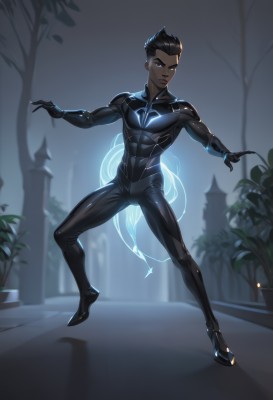 solo,looking at viewer,short hair,black hair,1boy,closed mouth,full body,male focus,outdoors,artist name,dark skin,bodysuit,muscular,night,glowing,dark-skinned male,skin tight,black bodysuit,undercut,standing,looking to the side,blurry background,pectorals