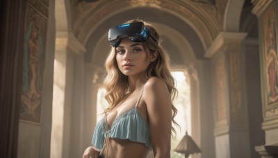 1girl,solo,long hair,breasts,looking at viewer,blonde hair,brown hair,cleavage,bare shoulders,brown eyes,medium breasts,underwear,upper body,midriff,indoors,blurry,lips,blurry background,wavy hair,goggles,curly hair,goggles on head,realistic,nose,church