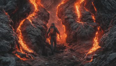 solo, 1boy, hat, standing, male focus, pants, from behind, fire, rock, cave, molten rock