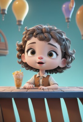 1girl,solo,looking at viewer,smile,short hair,open mouth,brown hair,shirt,brown eyes,white shirt,upper body,short sleeves,food,collared shirt,blurry,vest,cup,blue background,table,child,freckles,curly hair,ice cream,female child,glass,balloon,dress,parted lips,blurry background,drinking straw,brown shirt,brown vest