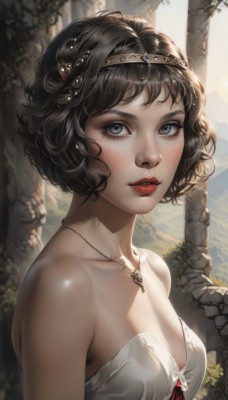 1girl,solo,breasts,looking at viewer,blush,short hair,bangs,blue eyes,brown hair,black hair,hair ornament,dress,cleavage,bare shoulders,jewelry,medium breasts,collarbone,upper body,heart,small breasts,outdoors,parted lips,teeth,day,shiny,artist name,necklace,white dress,blurry,from side,lips,eyelashes,strapless,makeup,wavy hair,tiara,lipstick,gem,strapless dress,pendant,freckles,curly hair,realistic,nose,red lips,mascara,tree