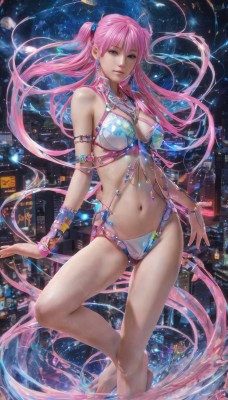 1girl,solo,long hair,breasts,looking at viewer,bangs,blue eyes,hair ornament,navel,hair between eyes,bare shoulders,twintails,jewelry,medium breasts,very long hair,standing,swimsuit,pink hair,bikini,earrings,parted lips,sky,barefoot,water,stomach,bracelet,lips,night,floating hair,building,star (sky),armlet,starry sky,city,cityscape,cleavage,pink eyes,realistic,planet