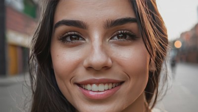 1girl,solo,long hair,looking at viewer,smile,open mouth,brown hair,black hair,brown eyes,teeth,mole,grin,blurry,lips,eyelashes,depth of field,blurry background,thick eyebrows,portrait,close-up,freckles,realistic,nose,:d,parody