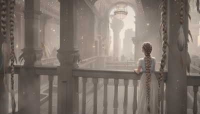 1girl,solo,long hair,skirt,brown hair,dress,very long hair,standing,braid,short sleeves,outdoors,water,from behind,white dress,twin braids,single braid,building,scenery,light particles,fantasy,railing,facing away,architecture,bridge,pillar,statue,arch,balcony,column,blonde hair,rope,braided ponytail,long braid