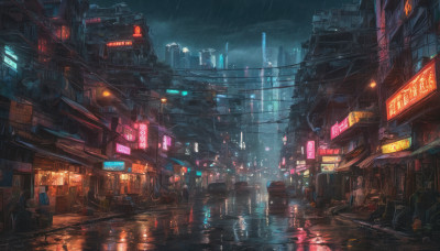 outdoors, sky, dutch angle, no humans, night, building, scenery, science fiction, rain, city, sign, road, cityscape, dark, street, skyscraper, city lights, cyberpunk, neon lights