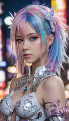 1girl,solo,breasts,looking at viewer,short hair,bangs,blue eyes,hair ornament,cleavage,bare shoulders,jewelry,medium breasts,blue hair,upper body,pink hair,multicolored hair,earrings,parted lips,artist name,medium hair,necklace,blurry,two-tone hair,lips,grey eyes,eyelashes,makeup,depth of field,blurry background,watermark,gem,realistic,nose,flower,signature,armor,armlet,bikini armor,bokeh