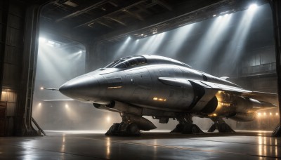 HQ,indoors,signature,military,no humans,window,sunlight,robot,mecha,flying,science fiction,light rays,realistic,aircraft,military vehicle,airplane,light,sunbeam,vehicle focus,spacecraft,lights,jet,fighter jet,reflection,cockpit