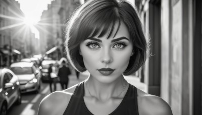 1girl,solo,looking at viewer,smile,short hair,bangs,bare shoulders,jewelry,closed mouth,collarbone,monochrome,upper body,greyscale,outdoors,necklace,mole,blurry,lips,eyelashes,makeup,blurry background,sunlight,bob cut,tank top,lipstick,ground vehicle,portrait,motor vehicle,lens flare,realistic,nose,car,dress,earrings,sleeveless,day,artist name,depth of field,building,backlighting,city,road