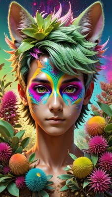 solo,looking at viewer,short hair,hair ornament,1boy,animal ears,closed mouth,green eyes,collarbone,yellow eyes,flower,male focus,multicolored hair,green hair,sky,artist name,cat ears,hair flower,lips,eyelashes,makeup,leaf,facial mark,plant,portrait,star (sky),extra ears,starry sky,nose,facepaint,cat boy,upper body,watermark,web address,bodypaint,colorful,paint splatter,paint