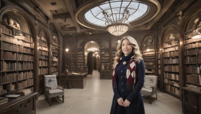 1girl,solo,long hair,looking at viewer,smile,blue eyes,multiple girls,blonde hair,long sleeves,dress,2girls,standing,indoors,scarf,lips,coat,book,chair,scenery,stairs,clock,bookshelf,lamp,fringe trim,book stack,statue,library,ceiling,chandelier,parted lips,day,window,table,own hands together,realistic