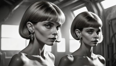 1girl,looking at viewer,short hair,bangs,jewelry,closed mouth,collarbone,monochrome,upper body,greyscale,nude,earrings,blunt bangs,blurry,lips,multiple views,portrait,freckles,realistic,nose,comparison,multiple girls,2girls,hair bun,single hair bun