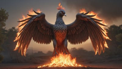 solo,red eyes,standing,full body,outdoors,wings,sky,cloud,tree,pokemon (creature),no humans,bird,fire,colored sclera,animal focus,lamppost,talons,beak,glowing,scenery,glowing eyes,smoke,power lines,utility pole