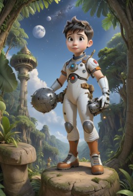 solo,looking at viewer,smile,short hair,brown hair,black hair,gloves,1boy,holding,brown eyes,standing,full body,weapon,male focus,boots,outdoors,sky,cloud,tree,blue sky,night,leaf,moon,plant,robot,goggles,child,star (sky),nature,headwear removed,starry sky,male child,planet,helmet removed,spacesuit,sword,white gloves,armor,bodysuit,grass,night sky,full moon,science fiction,shield,fantasy,mushroom,holding helmet,astronaut