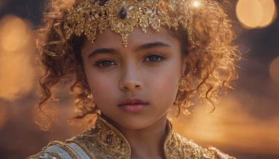 1girl,solo,looking at viewer,short hair,blonde hair,brown hair,hair ornament,brown eyes,jewelry,closed mouth,earrings,dark skin,blurry,dark-skinned female,lips,eyelashes,depth of field,blurry background,tiara,gem,portrait,freckles,curly hair,realistic,nose,bokeh,makeup,close-up,backlighting,gold trim,gold