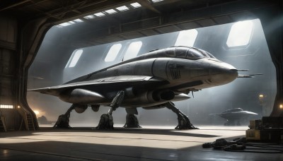 HQ,indoors,signature,military,no humans,window,fire,robot,mecha,science fiction,realistic,aircraft,military vehicle,airplane,vehicle focus,spacecraft,lights,jet,fighter jet,weapon,ground vehicle,rain,cockpit,helicopter