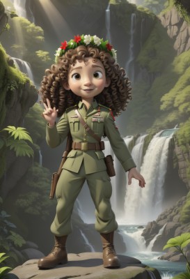 1girl,solo,long hair,looking at viewer,smile,open mouth,brown hair,long sleeves,brown eyes,standing,full body,weapon,flower,boots,outdoors,day,belt,pants,hair flower,dark skin,water,uniform,tree,gun,military,v,military uniform,brown footwear,sunlight,nature,forest,curly hair,pocket,pouch,light rays,rock,holster,head wreath,sunbeam,green pants,waterfall,hair ornament,leaf,plant,medal,cliff,flower wreath