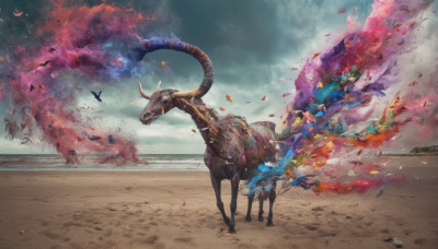 outdoors, horns, sky, day, cloud, dutch angle, no humans, bird, animal, bug, fire, scenery, fantasy, sand, horse, desert