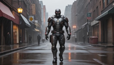 solo,red eyes,gloves,1boy,standing,full body,weapon,male focus,outdoors,multiple boys,solo focus,armor,gun,bodysuit,glowing,helmet,ground vehicle,building,glowing eyes,motor vehicle,handgun,reflection,walking,science fiction,rain,city,sign,car,road,police,lamppost,street,police uniform,road sign,puddle,traffic light,holstered weapon,traffic cone,looking at viewer,sky,belt,mask,multiple others,power armor,cyberpunk