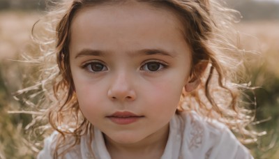 1girl,solo,long hair,looking at viewer,brown hair,brown eyes,closed mouth,white shirt,blurry,black eyes,lips,eyelashes,depth of field,blurry background,expressionless,portrait,close-up,forehead,curly hair,realistic,nose,wind