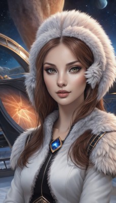 1girl,solo,long hair,breasts,looking at viewer,brown hair,brown eyes,jewelry,upper body,sky,hood,lips,coat,fur trim,eyelashes,makeup,night,moon,brooch,gem,star (sky),night sky,snow,starry sky,nose,winter clothes,red lips,planet,yellow eyes,flower,lipstick,freckles,realistic,spacecraft