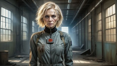 HQ,1girl,solo,looking at viewer,short hair,blue eyes,blonde hair,jacket,upper body,day,belt,indoors,uniform,lips,military,window,blood,military uniform,sunlight,zipper,pocket,injury,blood on face,realistic,breast pocket,dirty,hallway,dirty face,closed mouth,backlighting,serious,nose,emblem,blood on clothes,leather,jumpsuit,leather jacket