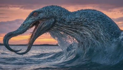 open mouth,red eyes,tail,outdoors,sky,teeth,tongue,cloud,water,from side,no humans,ocean,cloudy sky,sharp teeth,sunset,monster,horizon,scales,waves,kaijuu,solo,realistic