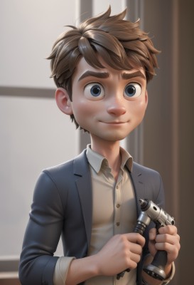 solo,looking at viewer,smile,short hair,blue eyes,brown hair,shirt,long sleeves,1boy,holding,closed mouth,jacket,white shirt,upper body,male focus,open clothes,collared shirt,indoors,blurry,open jacket,window,dress shirt,buttons,blurry background,thick eyebrows,blue jacket,child,freckles,camera,male child,toy,weapon,artist name,holding weapon,gun,facial hair,formal,suit,realistic