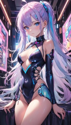 1girl,solo,long hair,breasts,looking at viewer,blush,bangs,blue eyes,hair ornament,long sleeves,cleavage,bare shoulders,jewelry,medium breasts,sitting,very long hair,closed mouth,blue hair,standing,ponytail,pink hair,purple hair,ahoge,white hair,sidelocks,thighs,multicolored hair,cowboy shot,earrings,detached sleeves,shiny,two-tone hair,leotard,streaked hair,groin,clothing cutout,covered navel,one side up,highleg,expressionless,revealing clothes,black leotard,skin tight,highleg leotard,shiny clothes,latex,cross earrings,small breasts,collar,two side up,arm support,cleavage cutout,breasts apart,backlighting,armpit crease,cyberpunk,neon lights