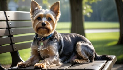 HQ,solo,looking at viewer,blue eyes,closed mouth,outdoors,day,blurry,collar,tree,book,no humans,depth of field,blurry background,animal,grass,dog,realistic,bench,animal focus,park bench,on stomach,animal collar