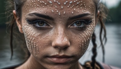 1girl,solo,looking at viewer,brown hair,1boy,brown eyes,closed mouth,braid,male focus,dark skin,blurry,lips,eyelashes,depth of field,blurry background,portrait,close-up,freckles,realistic,smile,black hair,yellow eyes,twin braids