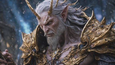 solo,long hair,looking at viewer,blue eyes,gloves,1boy,holding,closed mouth,upper body,white hair,male focus,horns,pointy ears,signature,fingerless gloves,armor,blurry,muscular,blurry background,facial hair,pectorals,muscular male,elf,shoulder armor,portrait,beard,pauldrons,snowing,mature male,realistic,mustache,manly,old,old man,outdoors,artist name,dated,single horn,snow,close-up,fantasy