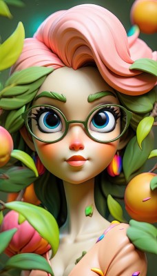 1girl,solo,long hair,breasts,looking at viewer,smile,open mouth,blue eyes,cleavage,jewelry,medium breasts,collarbone,upper body,pink hair,flower,multicolored hair,earrings,parted lips,food,green hair,glasses,artist name,blurry,two-tone hair,lips,eyelashes,makeup,fruit,colored skin,leaf,watermark,plant,lipstick,portrait,eyeshadow,freckles,nose,round eyewear,green-framed eyewear,plant girl,closed mouth,depth of field,monster girl,semi-rimless eyewear,web address,over-rim eyewear