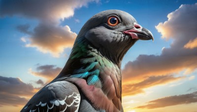 HQ,solo,closed mouth,upper body,outdoors,sky,cloud,orange eyes,no humans,bird,animal,cloudy sky,looking up,sunset,realistic,animal focus,beak,day,blue sky,feathers,scenery,sun