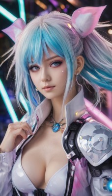 1girl,solo,long hair,breasts,looking at viewer,bangs,blue eyes,hair ornament,long sleeves,ribbon,cleavage,twintails,jewelry,medium breasts,closed mouth,underwear,blue hair,collarbone,jacket,hair ribbon,upper body,sidelocks,multicolored hair,earrings,open clothes,hand up,necklace,nail polish,bra,blurry,open jacket,lips,fingernails,eyelashes,makeup,blurry background,pendant,realistic,nose,artist name,science fiction