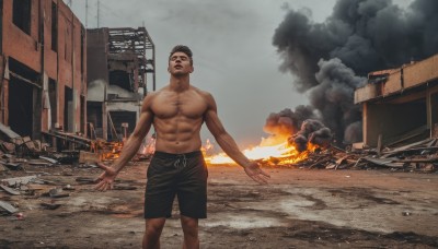 solo,short hair,black hair,1boy,navel,nipples,male focus,outdoors,shorts,muscular,black shorts,abs,fire,pectorals,muscular male,ground vehicle,building,motor vehicle,smoke,topless male,city,realistic,manly,ruins,chest hair,male swimwear,swim trunks,burning,destruction,rubble,closed mouth,sky,day,cloud,facial hair,cloudy sky,bara,beard,large pectorals