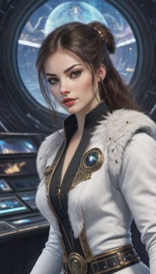 1girl,solo,long hair,breasts,looking at viewer,brown hair,long sleeves,brown eyes,jewelry,medium breasts,jacket,upper body,earrings,parted lips,belt,indoors,hair bun,mole,lips,coat,fur trim,black shirt,window,makeup,moon,single hair bun,realistic,nose,white coat,red lips,planet,artist name,necklace,cross,lipstick,half updo,freckles