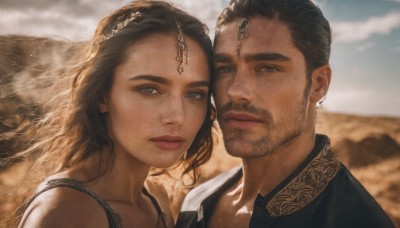 1girl,long hair,looking at viewer,short hair,brown hair,black hair,1boy,brown eyes,jewelry,closed mouth,upper body,hetero,outdoors,parted lips,sky,day,cloud,blurry,lips,grey eyes,blurry background,facial hair,couple,portrait,veil,beard,freckles,circlet,mountain,realistic,mustache,shirt,hair ornament,dark skin,sunlight,cloudy sky,wind,desert