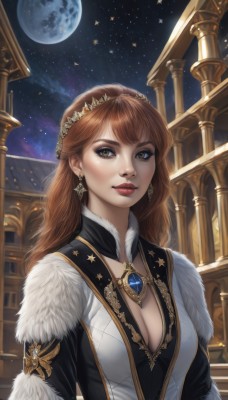 1girl,solo,long hair,breasts,looking at viewer,smile,brown hair,dress,cleavage,brown eyes,jewelry,medium breasts,closed mouth,upper body,earrings,sky,necklace,star (symbol),lips,fur trim,eyelashes,makeup,night,watermark,moon,tiara,crown,lipstick,gem,star (sky),night sky,full moon,eyeshadow,starry sky,realistic,nose,red lips,pillar,bangs,yellow eyes,stairs