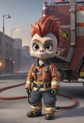 solo,looking at viewer,smile,short hair,gloves,long sleeves,1boy,holding,brown eyes,closed mouth,standing,jacket,full body,male focus,red hair,earrings,boots,outdoors,sky,black gloves,belt,pants,chibi,blurry,blurry background,thick eyebrows,spiked hair,ground vehicle,building,furry,furry male,lamppost,mohawk,patch,jewelry,green eyes,tail,yellow eyes,artist name,fingerless gloves,colored skin,motor vehicle,monkey tail,tire