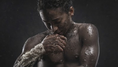 solo,short hair,simple background,black hair,1boy,closed mouth,nipples,closed eyes,upper body,male focus,nude,dark skin,wet,muscular,dark-skinned male,own hands together,pectorals,muscular male,black background,realistic,dirty,very dark skin,jewelry,water,ring,kiss,water drop,very short hair,kissing hand