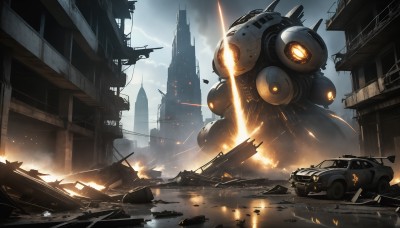 HQ,outdoors,sky,cloud,military,no humans,cloudy sky,fire,robot,ground vehicle,building,scenery,mecha,motor vehicle,smoke,science fiction,city,realistic,military vehicle,car,battle,explosion,ruins,tank,vehicle focus,firing,debris,destruction,sparks,glowing,road,street