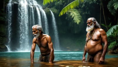 HQ,navel,jewelry,nipples,standing,white hair,grey hair,male focus,outdoors,multiple boys,day,2boys,water,necklace,tree,wet,muscular,facial hair,scar,parody,plant,nature,beard,wading,forest,topless male,realistic,mustache,bald,manly,old,fat,chest hair,old man,loincloth,river,waterfall,fat man,1boy,palm tree