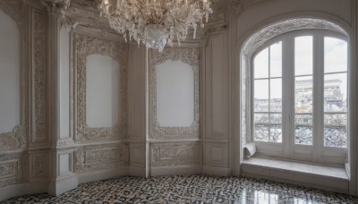 sky,day,cloud,indoors,tree,blue sky,no humans,window,building,scenery,snow,wooden floor,door,architecture,pillar,carpet,chandelier,chair,reflection,candle,landscape,candlestand,reflective floor