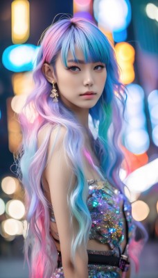 1girl,solo,long hair,breasts,looking at viewer,bangs,blue eyes,bare shoulders,jewelry,blue hair,upper body,pink hair,multicolored hair,earrings,small breasts,parted lips,blurry,from side,two-tone hair,lips,gradient hair,makeup,depth of field,blurry background,wavy hair,realistic,bokeh,medium breasts,very long hair,artist name,blunt bangs,looking to the side,eyelashes,watermark,web address,nose