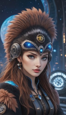 1girl,solo,long hair,looking at viewer,blue eyes,brown hair,hat,jewelry,closed mouth,upper body,earrings,necklace,blurry,lips,fur trim,eyelashes,makeup,night,moon,lipstick,goggles,gem,star (sky),zipper,goggles on head,realistic,nose,headdress,red lips,space,planet,sky,artist name,headgear,feathers,portrait,night sky,web address,full moon,starry sky,headpiece